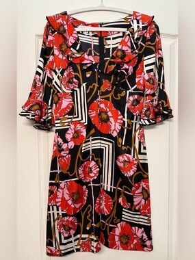 Trina Turk Silk Ruffle Bell Sleeve Dress Mod Poppy Print Size 4